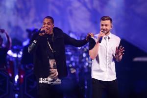 Justin Timberlake and Jay-Z performing "Holy Grail" at The 20/20 Experience Tour in Barclays Center, New York